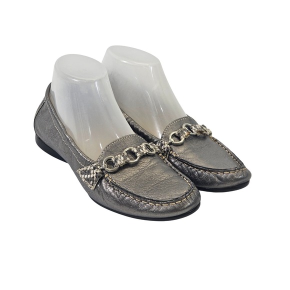 AGL Attilio Giusti Leombruni Shoes - AGL Attilio Giusti Leombruni Metallic Pewter‎ Leather Chain Bit Loafers 37.5 / 7
